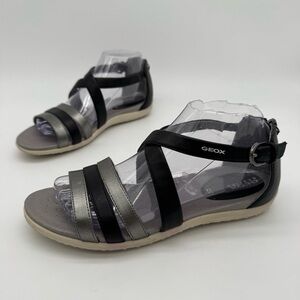 GEOX Black Gray Leather Back Zip Sandals Size 39/9